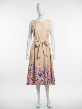 Anne Klein Cream Midi Dress with Floral Border and Waist Bow
